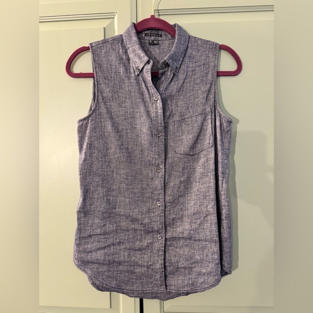 Theory Sleeveless Blue Linen Top